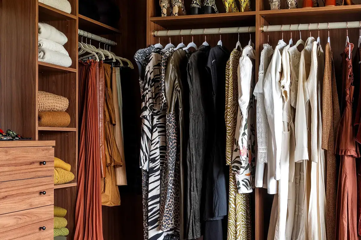 A fitted walk-in closet with timber shelving, two levels of hanging rail, folded clothes on open shelves and a drawer bank at waist height