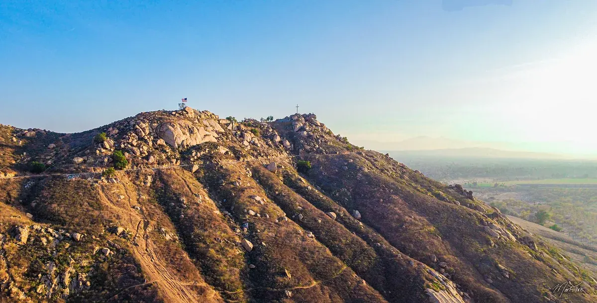 Mount Rubidoux in Riverside California seen from the air at sunset